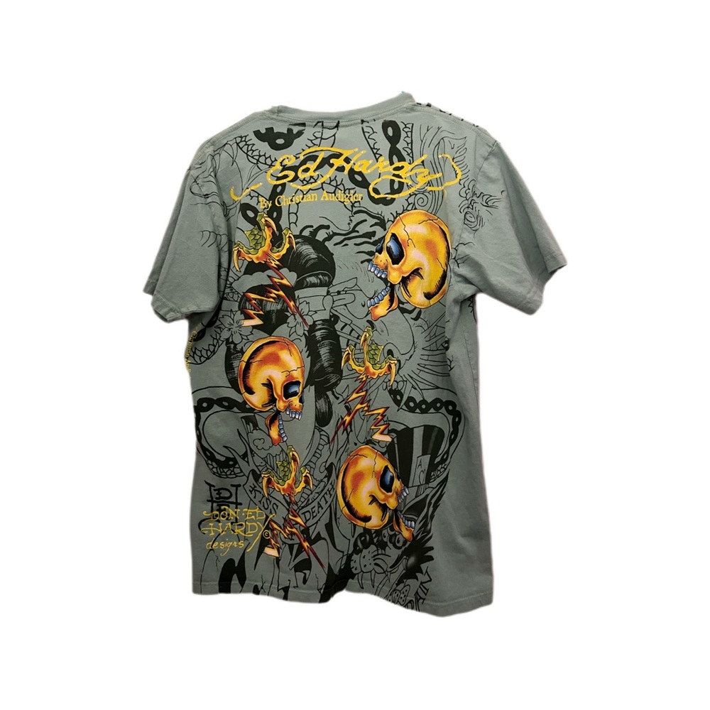Ed Hardy Green Graphic Short Sleeve Tee with Multicolor Tattoo Print - Picture 2 of 12